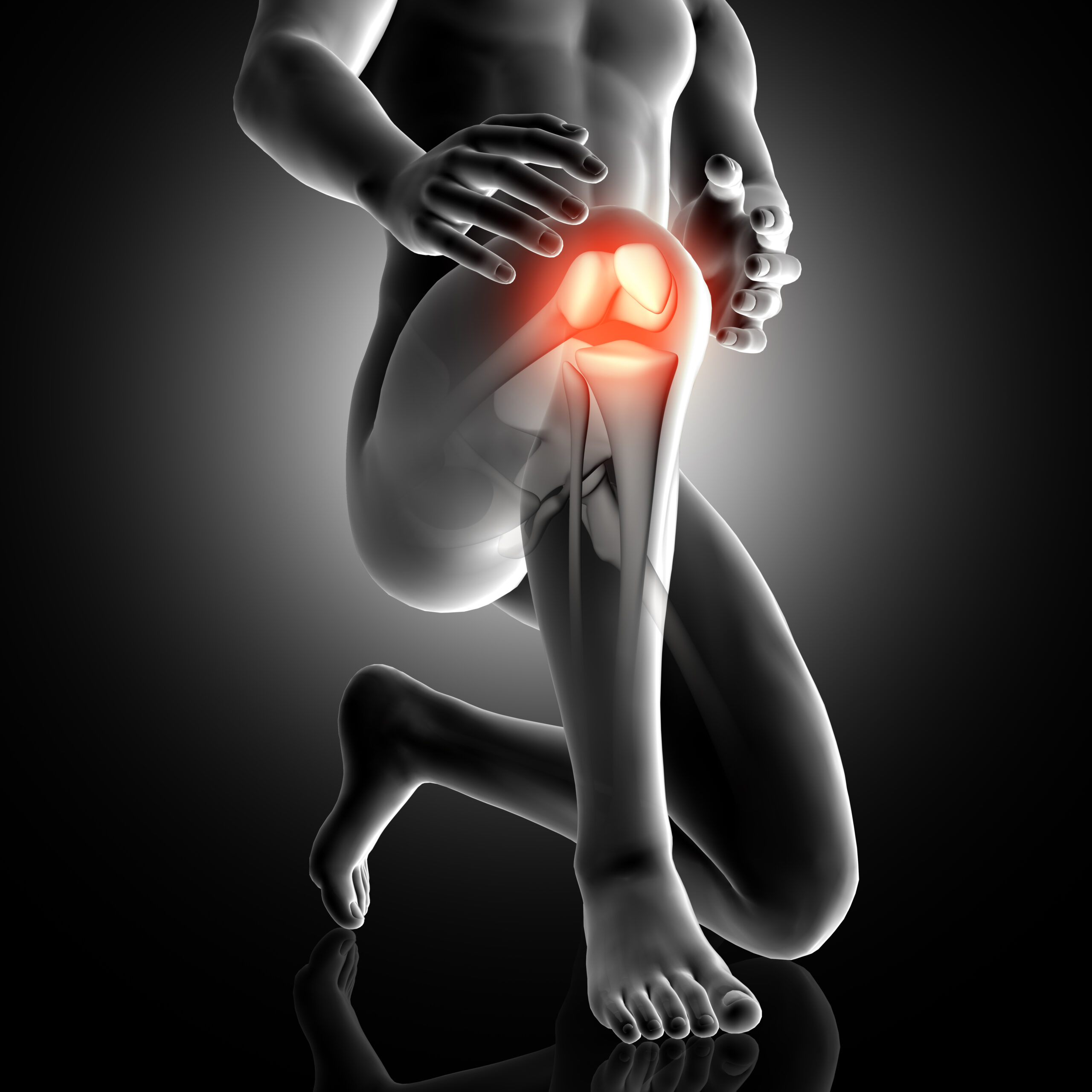 3d male figure with knee highlighted pain scaled